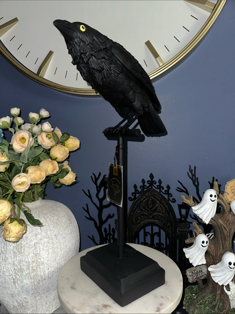 Decorative Black Crow Sculpture on Stand - Gothic Halloween Accent